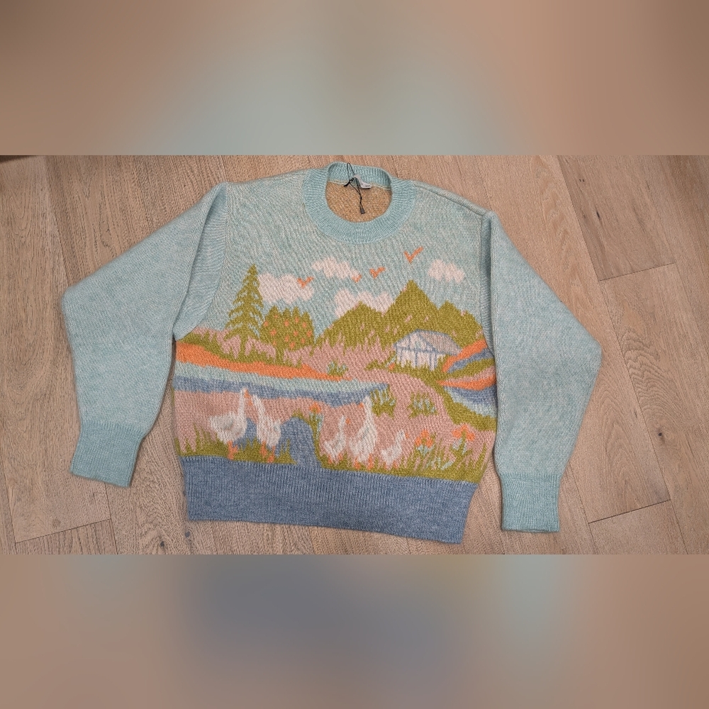 🦆 HTF 🏔️ Rare Scenic 🏞️ Landscape Knit Sweater M-L (Label Says L) 🌱 Spring